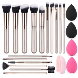 MAANGE 16 Brochas de Maquillaje, 4 Puffs y 1 Herramienta de Limpieza, Set de Brochas para Maquillaje Sintéticas Alta Calidad Sombras de Brochas para Ojos Rubor para Todos Días(Champán)