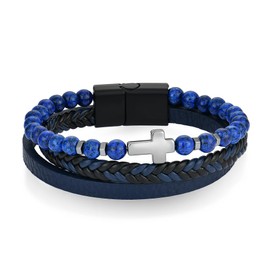 Raymard Mens Tiger Eye Black Obsidian Lava Rock Lapis Lazuli Stone Beaded Bracelet,Christian Cross Braided Leather Bracelet for Men-Lapis Lazuli