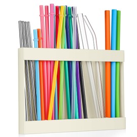 Qinyoung Acrylic Straw Holder for Cabinet Door with Double Sided Adhesive Tape Reusable Straw Organizer Tumbler Storage Kitchen Accessories Container for Counter Cupboard(Classic,Large,Milky Yellow)