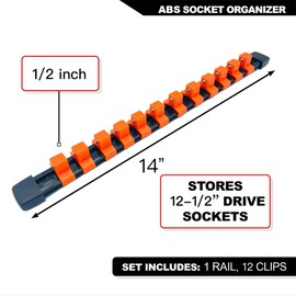 JIYOSE 1/2 inch, 3/8 inch, and 1/4 inch Drive Socket Rail Holders Yellow Orange Green… (Orange,1/2-Inch Drive)