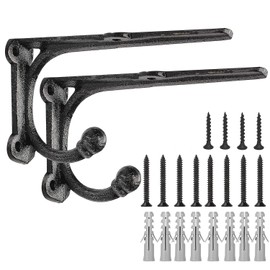 Shelf Brackets with Hooks 6 Inch, Heavy Duty Floating Shelf Bracket, Cast Iron Shelving Brackets for DIY Wall Shelves, Rustic Shelf Brackets, 2 Pack