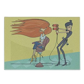 Ambesonne Hair Salon Cutting Board, Funny Cartoon Illustration of a Day in Beauty Salon Hairdresser wit Blow Dryer, Decorative Tempered Glass Cutting and Serving Board, Small Size, Multicolor