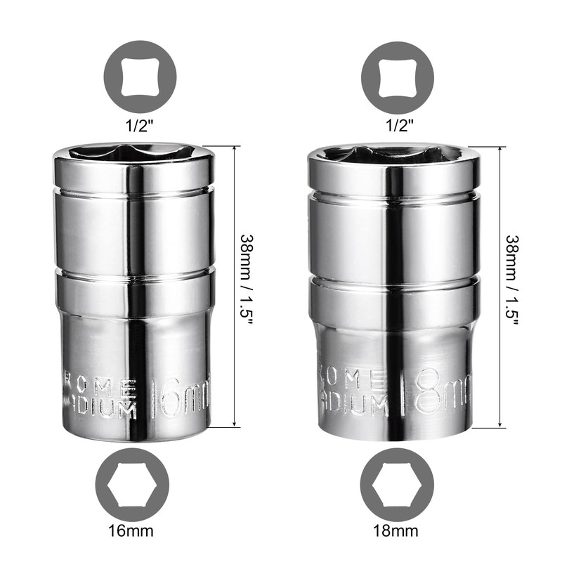 uxcell 1/2-inch Drive by 16mm and 18mm Shallow Socket Set