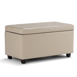 SIMPLIHOME Cosmopolitan 34 Inch Wide Transitional Rectangle Storage Ottoman in Satin Cream Vegan Faux Leather, For the Living Room, Entryway and Family Room