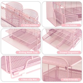 OPNICE Desk Organizers and Accessories, 4-Tier Paper Organizer with Drawer and Pen Holder, Office Desk Accessories Workspace Desktop Organizer for Classroom Supplies College Dorm Room Girl(Rose Pink)