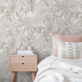 Guvana Leaf Peel and Stick Wallpaper Boho Wallpaper Beige Floral Removable Contact Paper Modern Botanical Self Adhesive Wall Paper for Living Room Bedroom Bathroom Decor 17.32"x78.7"