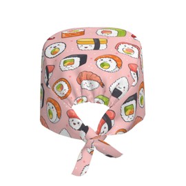 Japanese Sushi Kawaii Working Cap for Women, Scrub Cap with Sweatband Adjustable, Unisex Tie Back Hat, Nurse Surgical Caps