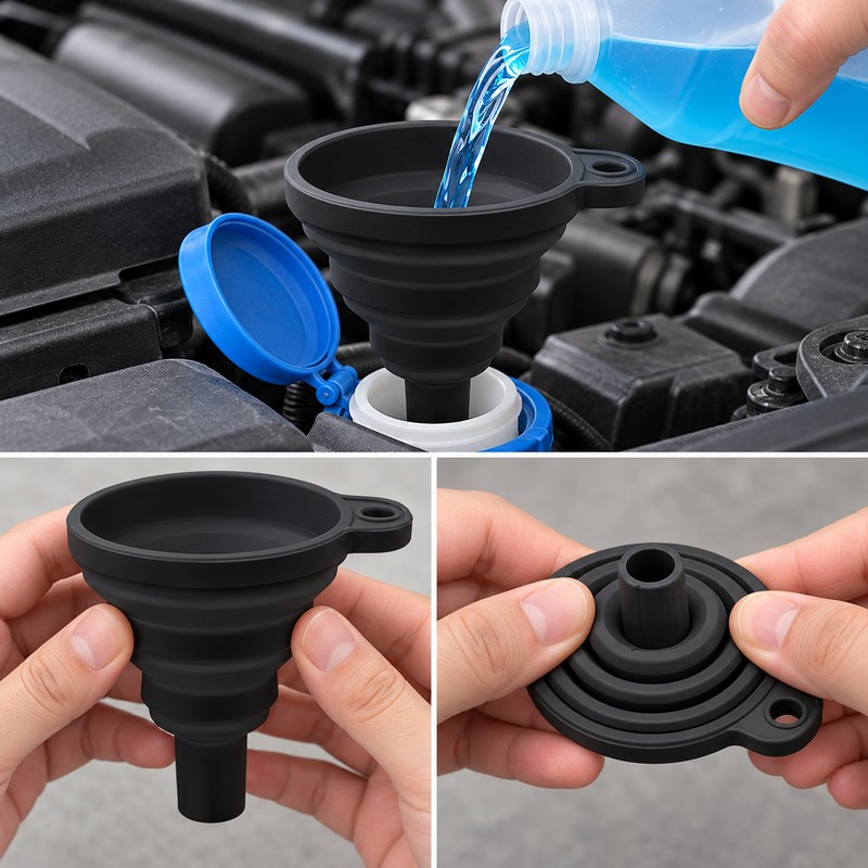 Collapsible Silicone Funnel for Car Fluid Refills – Black Foldable