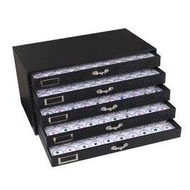 Novel Box 5 Drawer Black Jewelry Display 15.12X8.37X7.62 + Small 50 Gems Jars Each Tray, Total 250 Jars | Glass Jewelry Tray Foam Sheet | Glass Rock Storage Box