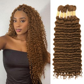 Brown Human Braiding Hair for Boho Braids,150g 16 Inch 6 Bundles # 30 Deep Water Wave Bulk Boho Curly Human Hair Bundle for Braiding,12 A Auburn No Weft Wet and Wavy Knotless Braiding Hair Extensions