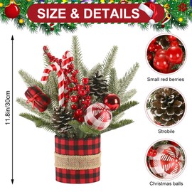 Small Christmas Tree for Tabletop, 11.8in Artificial Mini Christmas Tree Decorations with Red Berry Pine Cone Pine Picks, Christmas Ornaments Indoor Home Xmas Holiday Decor (Red Black Buffalo Plaid)