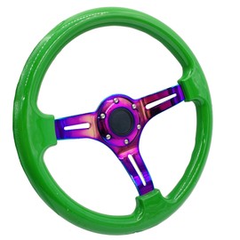 350mm Green Racing Steering Wheel Neo Chrome Spoke Universal 6 Bolts 45mm Deep Dish Classic ABS Wood Steering Wheel with Horn Button