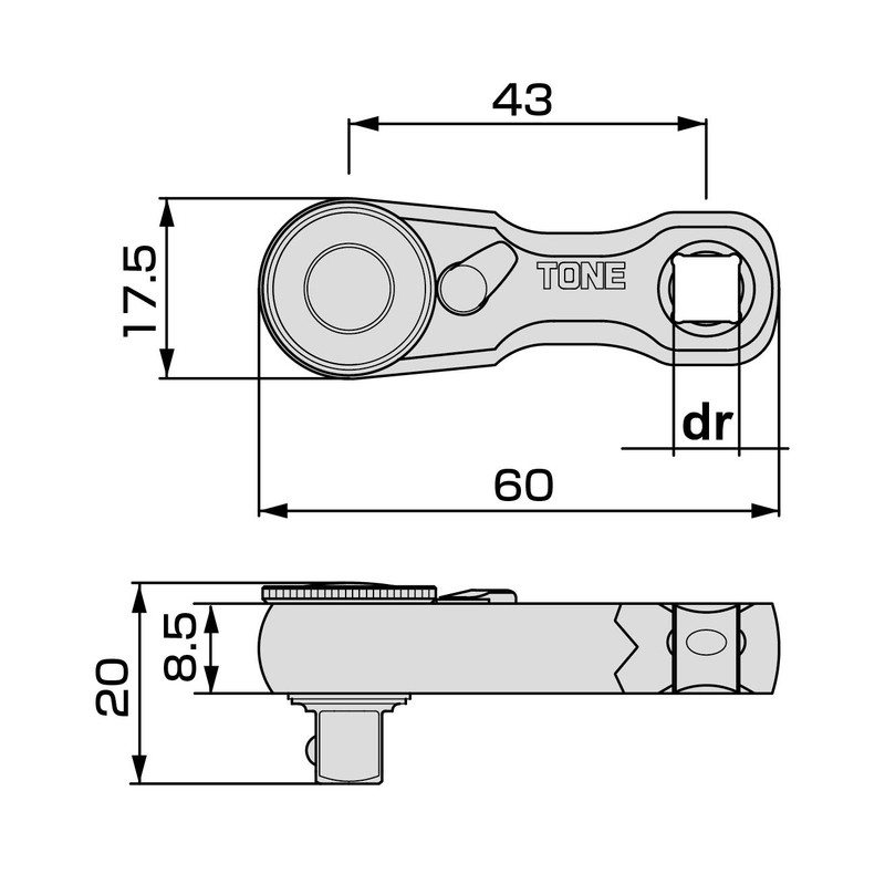 Tone Stubby Ratchet Handle (Hold Type) RH2HSS2 1/4 inch (6.35