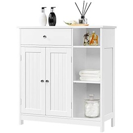 Yaheetech Bathroom Floor Cabinet, Kitchen Freestanding Storage Organizer, Large Side Cabinet with Doors, Drawer & Adjustable Shelves for Living Room, Entryway, White
