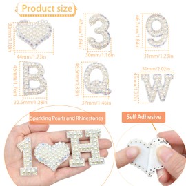 40PCS Pearl Rhinestone Letters Patches Self Adhesive Alphabet A-Z Glitter AB Colored Numbers 0-9 Heart Pearls Applique Stickers for DIY Clothing Backpacks Hats Crafts Decor