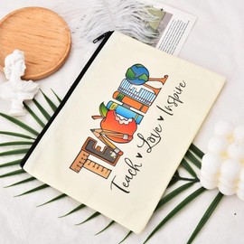 Teacher Inspirational Gifts Makeup Bag for Women Teacher Design with Teach Love Inspire Canvas Cosmetic Bags Travel Toiletry Pouches for Teachers Appreciation Back to School Birthday Christmas Gift