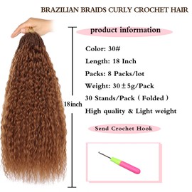 Xtrend 18 Inch Pre Looped Micro Curly Crochet Hair 8 Packs Honey Brown Brazilian Braid Curly Crochet Hair Extensions Water Wave Synthetic Deep Wave Crochet Hair For Black Women(30 Strands/Pack，350#)