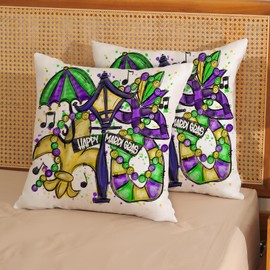 QANOK Mardi Gras Pillow Covers 20x20 Set of 2, Masquerade Mask Fleur de Lis Umbrella Throw Pillows Outdoor Mardi Gras Bead Lamp Yard Decorative Cushion Case Mardi Gras Decorations for Home Couch Sofa