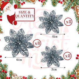 Boao 24 Pieces Christmas Poinsettia Tree Ornament Flowers Christmas Decor Glitter Ornament, 3/4/6 Inches(Dusty Blue)