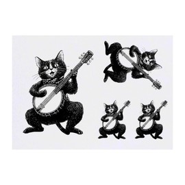 4 x 'Funny Cat Playing Banjo' Temporary Tattoos - Water Resistant, Skin-Safe, Non-Toxic Transfers, Mixed Sizes (TO00083732)