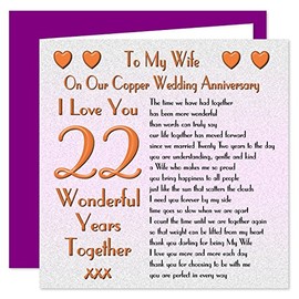 My Wife 22nd Wedding Anniversary Card - On Our Copper Anniversary - 22 Years - Sentimental Verse I Love You
