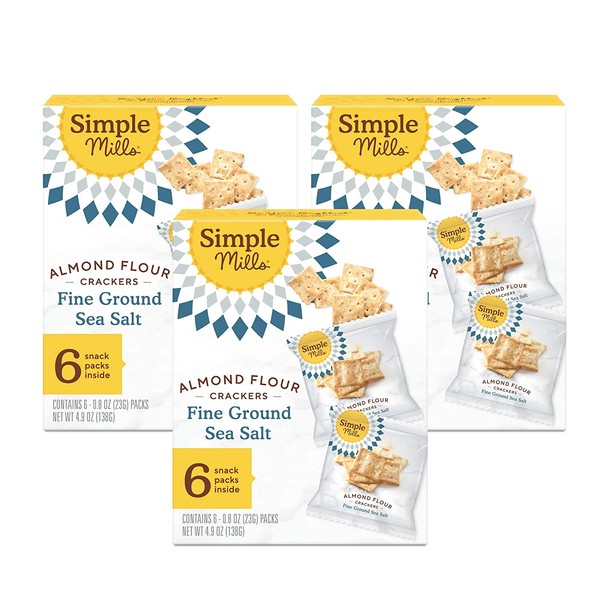Simple Mills Almond Flour Crackers, Sea Salt Snack Packs, Gluten Free, Flax Seed, Sunflower Seeds, Corn Free, Good for Snacks, Great Stocking Stuffers, 3 Count (6 Bags per Box), (Packaging May Vary)