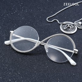 Zeelool Round Glasses Frames for Women Fashion Semi-rimless Diamond Eyeglasses Silver Half Frame Glasses Elphaba Cosplay JGM256492-02
