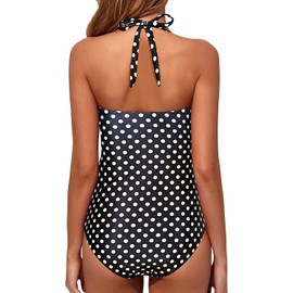 Tempt Me Women Black Polka Dot Tummy Control One Piece Swimsuits Push Up Slimming Bathing Suits Halter Vintage Swimwear L