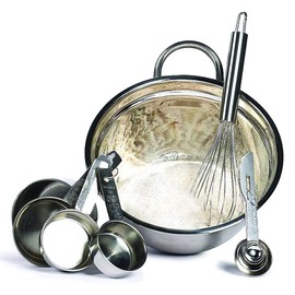 Le Regalo Meal Prep Piece Stainless Steel Set, 4 Measuring Cups and Spoons, 10" Whisk and 3 Quart Mixing Bowl, Large, Silver,HW1249