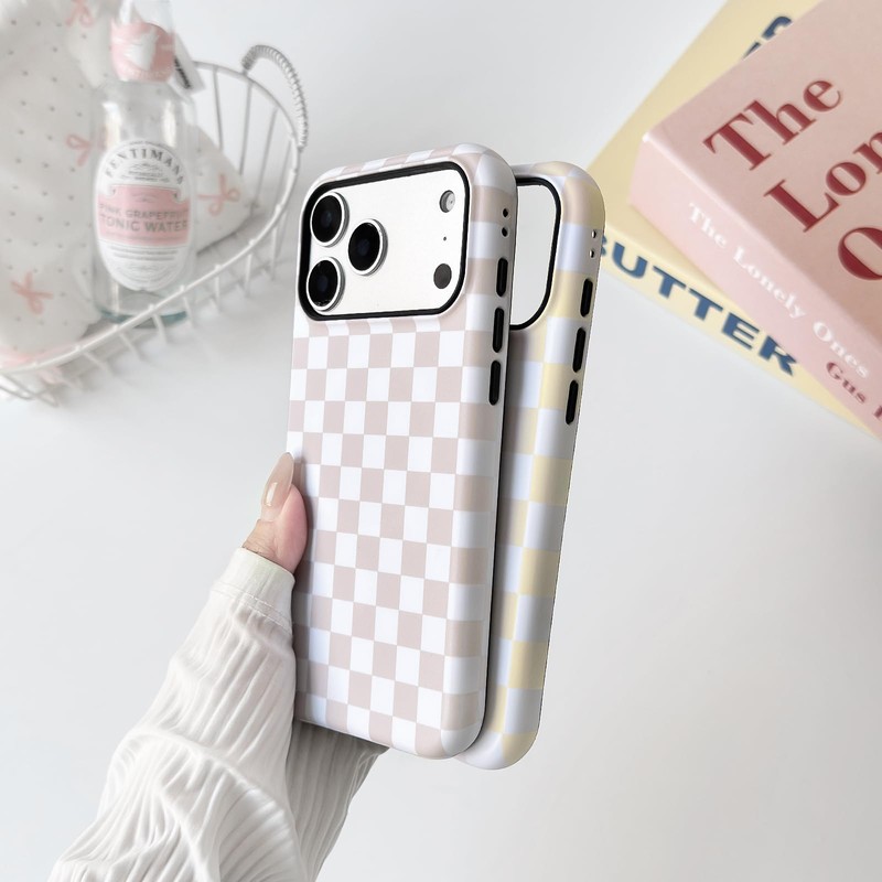 Lovmooful Magnetic foriPhone 17 Pro Max Case Lattice Plaid-Khaki&White