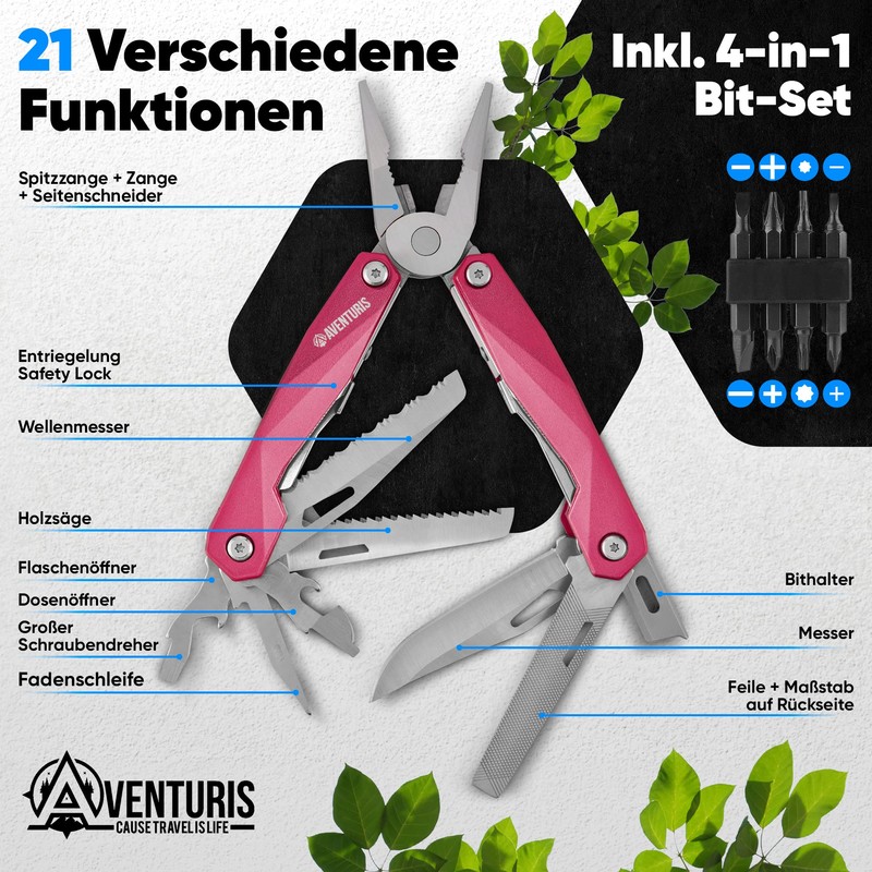 Aventuris® Pink Multi-Tool Stainless Steel with 21 Functions, Gifts for