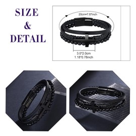 Feilok Cross Pearl Bracelet Men's Leather Bracelet Natural Stone Braided Bracelet Bangle Wrap Bracelet Cuff with Magnetic Closure, Leather