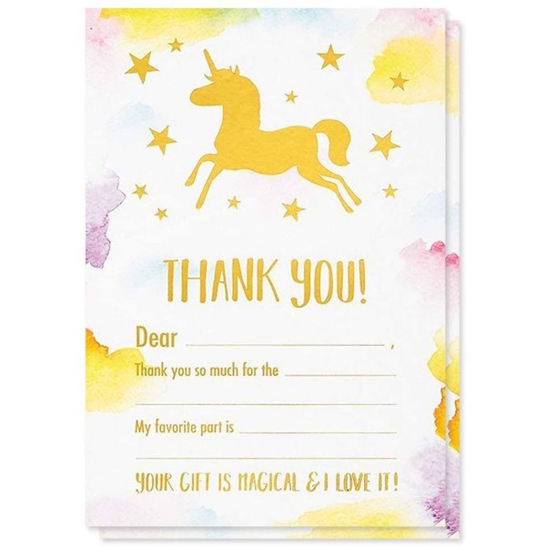Unicorn Thank You Cards with Envelopes, Pastel Gold Foil Design (4 x 6 In, 50 Count)
