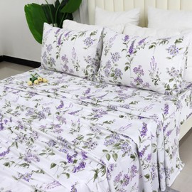 Helthep Floral Sheet Set Twin Size 100% Cotton Purple Floral Pattern Sheets Botanical Shabby Printed Sheets Luxury Percale Warm Sheets 17.5" Deep Pocket Sheets Colleye Bedding, 4Pcs