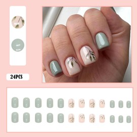 Bellelfin Short Press on Nails Square Fake Nails Summer False Nails with Green Leaf Designs Full Cover Acrylic Nail Press ons Reusable Glue on Press Nails for Women Fingernails Decor,24Pcs