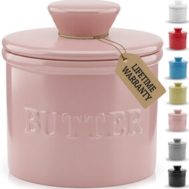 PriorityChef French Butter Crock with Lid, Keep Butter Spreadable & Fresh, Butter Keeper to Leave On Counter, French Butter Dish Perfect for Bread and Toast, Ideal Kitchen Gift, Pink