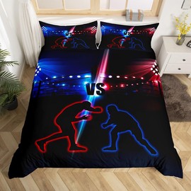 Wrestler Wrestling Duvet Cover Set Single Size, Young Men Sports Theme Comforter Cover with 1 Pillowcase, Blue and Red Bedding Set 2pcs for Kids Boy Teen Room Decor Lightweight Bedspread Cover