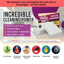 Clear Off (20 Pack) Extra Large- Super Powerful - Magic Eraser - Sponge - Melamine Sponge for All-Purpose Cleaning, Oven Cleaner, Wall Cleaner, Dish Sponge, Kitchen, Baseboards, Sink, Sneaker, Car, Bathroom
