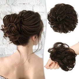 RUWISS Messy Hairpiece 100% Real Hair Rose Bun for Women Real Hair Scrunchies Updo Hairpieces Curly Bun Extension (Dark Brown with 15% Dark Cocoa Blonde)