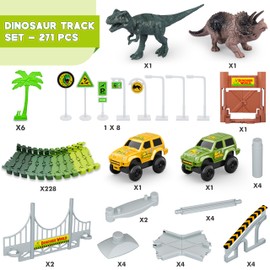 Dinosaur Tracks, 271 PCS Create A Dinosaur World Road Race for Kids Boys Toys Flexible Train Tracks Set with 2 Cool Race Cars and 2 Dinosaur Toys for Age 3 4 5 6 7 8 Year & Up Old Boy Girls Best Gift
