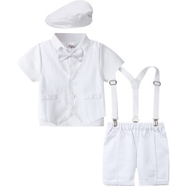 A&J DESIGN Baby Boy Baptism Outfits Toddler Christening Suits Wedding Ring Bearer Formal Suspenders Dress Clothes with Hat White 2T