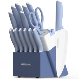 Astercook Knife Set 15 Pcs Stainless Steel Knives Dishwasher Safe Knife Block Set with Anti-slip Ergonomic Handle Blue