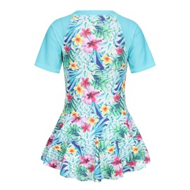 Qterdiz Girls One Piece Swimsuits Short Sleeve Swim Dress for Girls Hawaiian Bathing Suit Skirted Summer Swimwear Cyan Floral Size 7/6-7