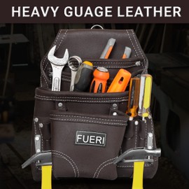 FUERI Leather Tool Pouches with Belt Clip Dual Hammer Holder Utility Belts Bags Pouch for Construction Carpenter Electrician Framer Men Women Iron Worker - 10 Pocket