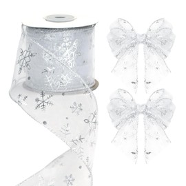 jijAcraft Organzaband Weihnachten 6cm Breit, Geschenkband mit Draht Silber, 10 Yards Schneeflocke Organzaband, Glitzer Weihnachtsband für Geschenkdeko, Kranz, Handwerk, WeihnachtsSchleifenherstellung