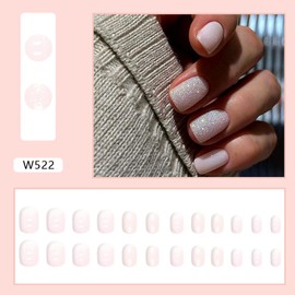 Pink Press on Nails Short,Square Glitter Powder Designs False Nails,Solid Color Fake Nails,Full Cover Stick on Nails,Coffin Acrylic Glue on Nails Set for Women, Artificial Nail Manicure Supplies 24Pcs