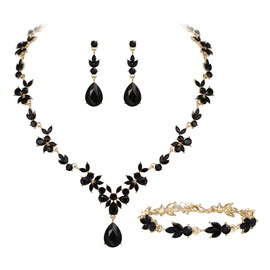 Clearine Wedding Jewellery Set for Women Bride Bridal Bridesmaid, Crystal Teardrop Marquise Cluster Y-Necklace Tennis Bracelet Dangle Earrings Black Gold-Tone