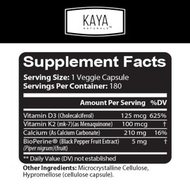 Kaya Naturals Vitamins K2 with D3 5000IU Supplement for Men and Women - Easy to Swallow - Bioperine Capsules (180 Count (Pack of 1)