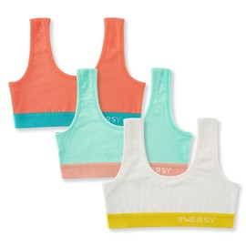 INNERSY Girls' Sports Bras Comfortable Cotton Wireless Little Girls Training Bras 3 Pack (Large, Orange/Light Green/White)