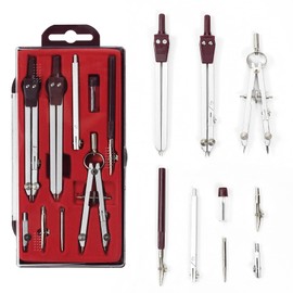 UNJOO Drawing 9Pc Geometry Set Metal Compass, Geometry Precision Tool for Student, Circle Drawing Tool and Architecture, Drafting Kits for Engineer with Shatterproof Storage Box (Red)